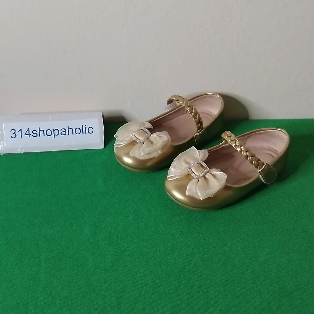 Toddler Girls Gold Patent Leather Shoes With Bow